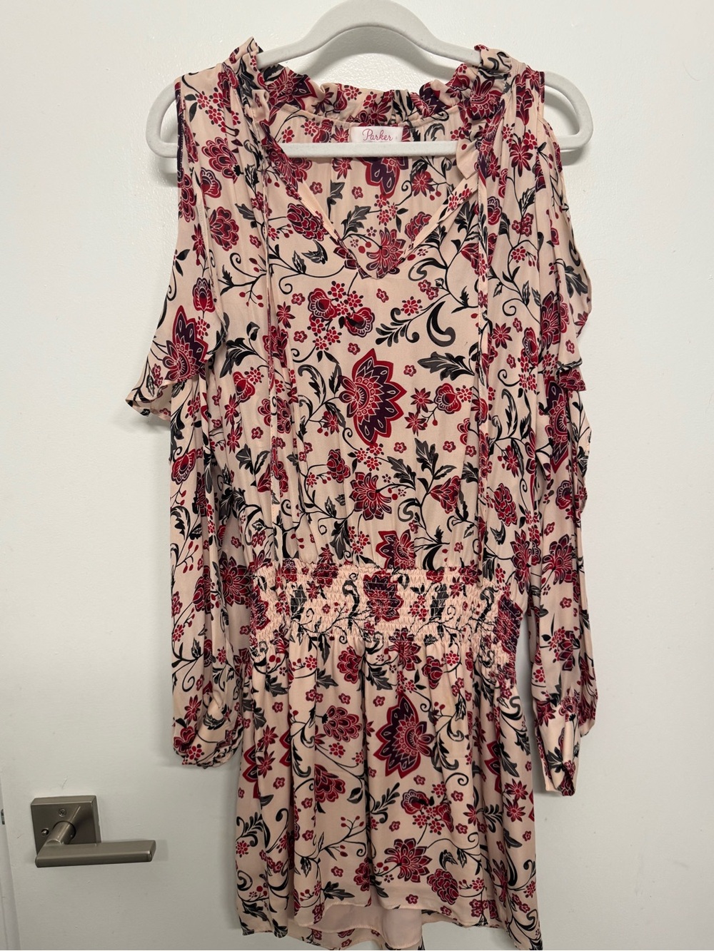 Parker Floral Cold-Shoulder Long Sleeve Dress in Blush and Burgundy